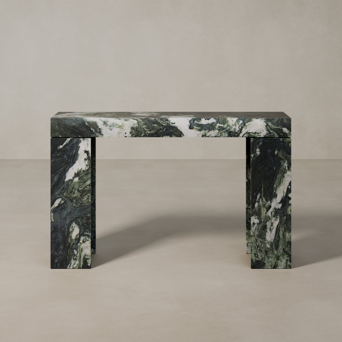 Aria marble console table by Collection Noir, a thick top on a hollow base