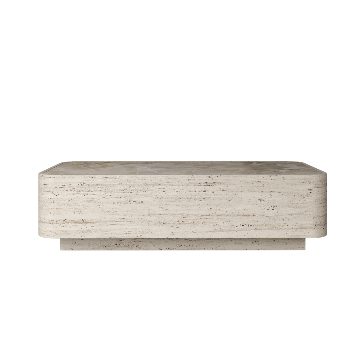 Ida marble coffee table by Collection Noir, solid Travertine Classic base with inlaid onyx top