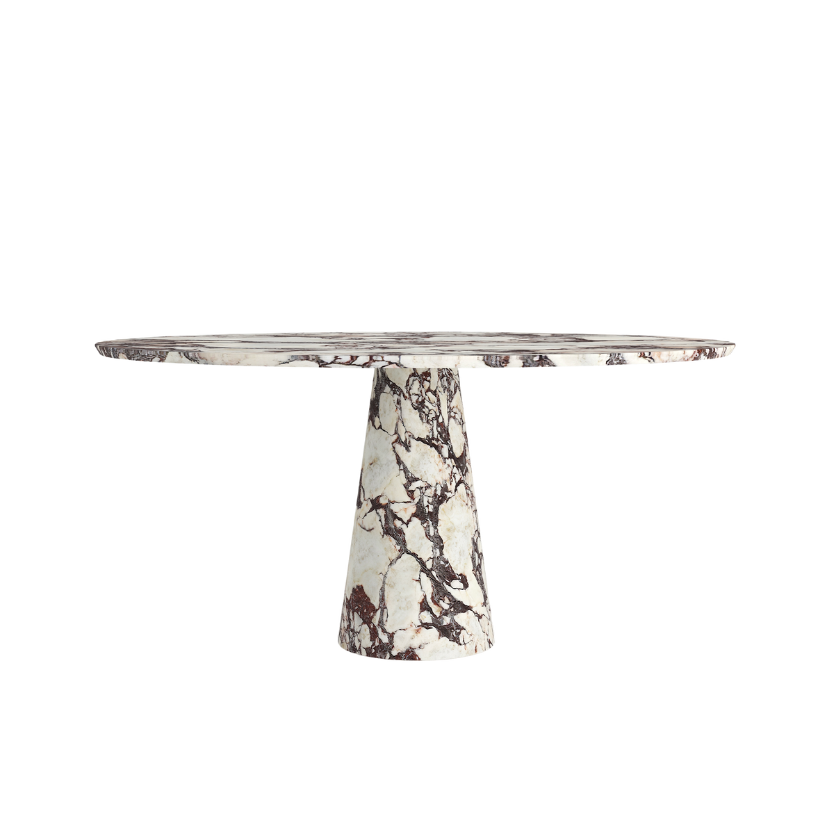 Roma marble dining table by Collection Noir, round top with chamfered edge on a tapered pedestal base, in Calacatta Viola